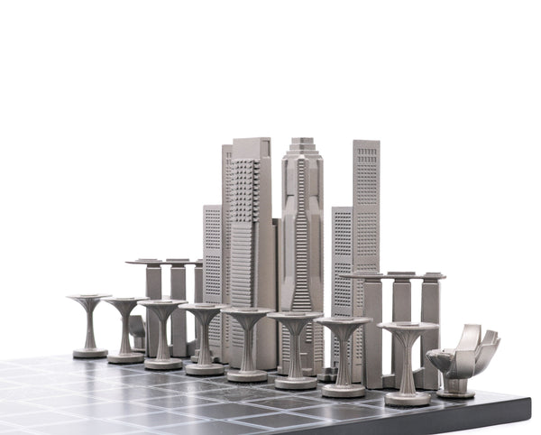 Skyline Chess Singapore Edition Stainless Steel Pieces And Wood Board Set Contemporary Chess