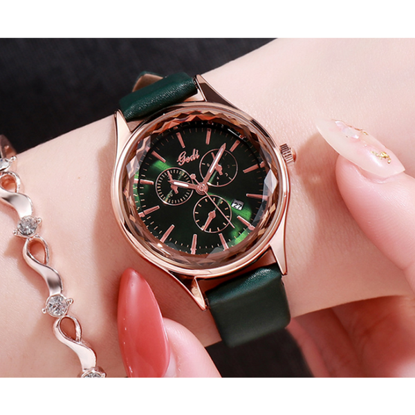 Veile Studios 21Cm 12028 Forest Green Ladies Belt Watch Three Eye Casual Quartz Calendar Female Hand Watches