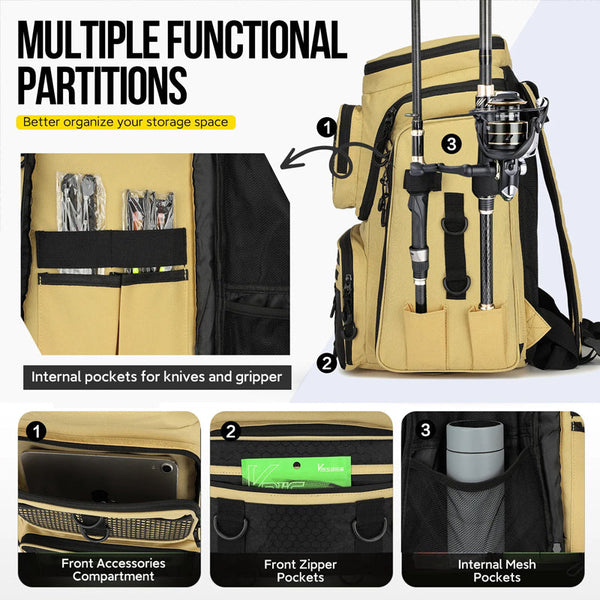 Fishing Backpack With Rod Holder Tackle Organizer Box & Hiking Storage Rod Rests & Holders