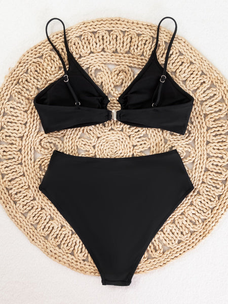 Solid Color Pleated High Waist  Bikini Two Piece Swimsuit Swimwear