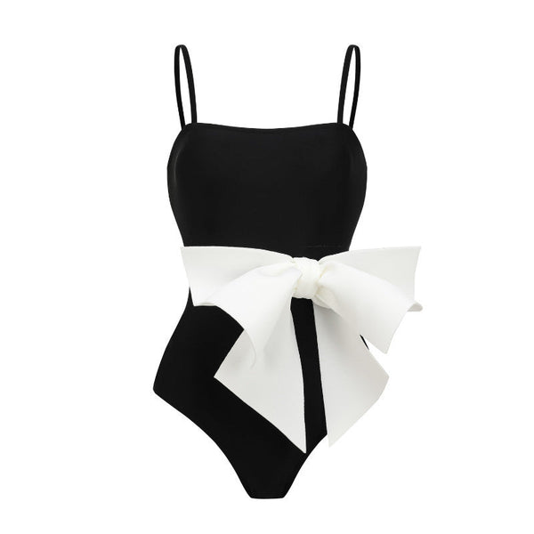 One Piece Bow Decoration Sweet Girl Black And White Contrasting Swimsuit Female Swimwear