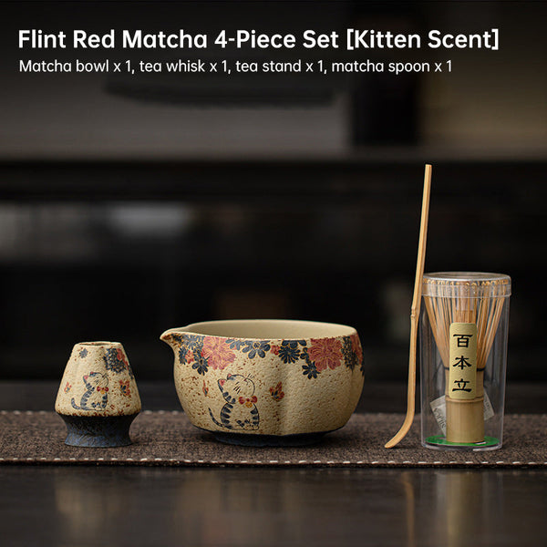 2 8Pcs Japanese Flint Red Matcha Set: Bamboo Whisk Bowl Box Exquisite Tea Tools Gift Teapots