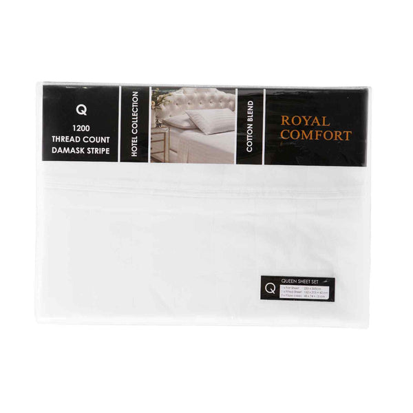 Royal Comfort 1200 Thread Count Damask Stripe Cotton Blend Sheet Sets Queen White Comforter Sets Queen
