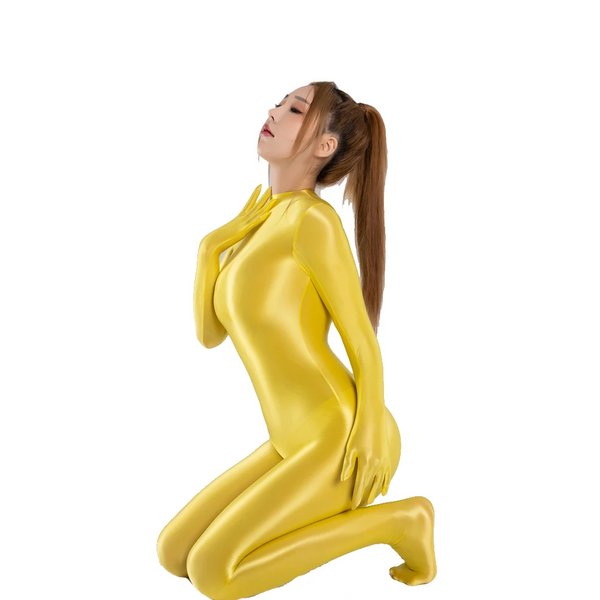 Shiny Glossy Satin  Women's Long Sleeve Finger Gloves Zipper Back Full Length One Piece Bodysuit Silky Tights Zentai Catsuit Gloves & Mittens