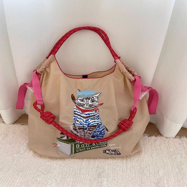 Japanese Painter Cat Embroidery Shopping Bag Nylon Blue Beige Pink Square Women's Bags & Handbags