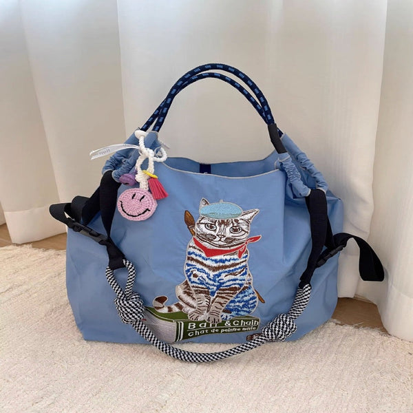 Japanese Painter Cat Embroidery Shopping Bag Nylon Blue Beige Pink Square Women's Bags & Handbags