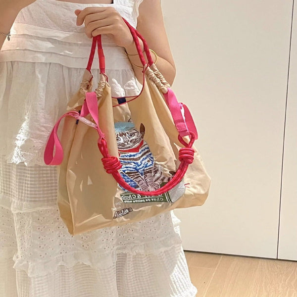 Japanese Painter Cat Embroidery Shopping Bag Nylon Blue Beige Pink Square Women's Bags & Handbags