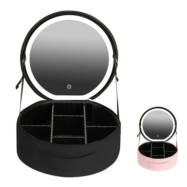 Round Smart Led Makeup Bag With Mirror Lights Large Capacity Pu Leather Cosmetic Case Makeup Bags & Cases