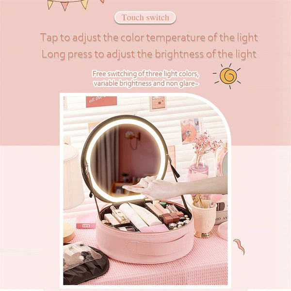 Round Smart Led Makeup Bag With Mirror Lights Large Capacity Pu Leather Cosmetic Case Makeup Bags & Cases