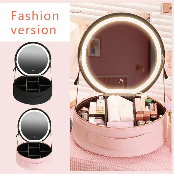 Round Smart Led Makeup Bag With Mirror Lights Large Capacity Pu Leather Cosmetic Case Makeup Bags & Cases