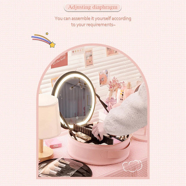 Round Smart Led Makeup Bag With Mirror Lights Large Capacity Pu Leather Cosmetic Case Makeup Bags & Cases