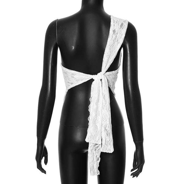 Tops Ins Lace Backless Top Summer Solid Colour Waistless Asymmetrical Neck Vest Women Clothing