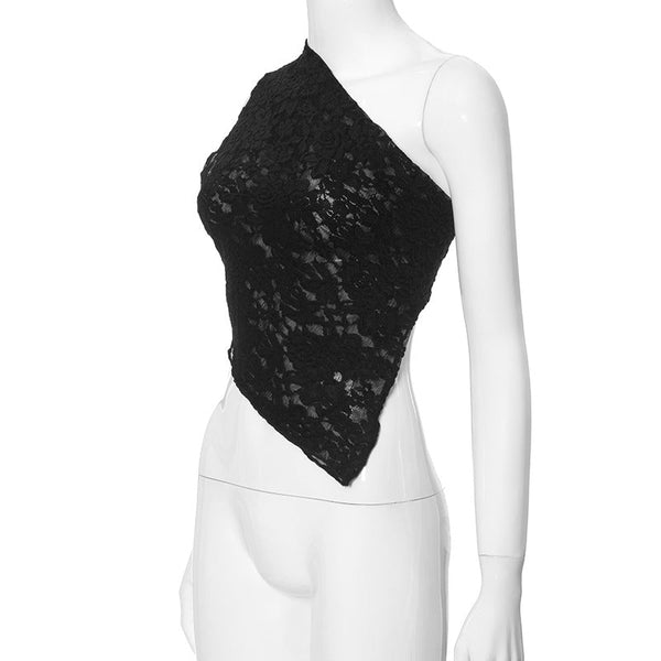 Tops Ins Lace Backless Top Summer Solid Colour Waistless Asymmetrical Neck Vest Women Clothing