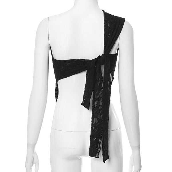 Tops Ins Lace Backless Top Summer Solid Colour Waistless Asymmetrical Neck Vest Women Clothing