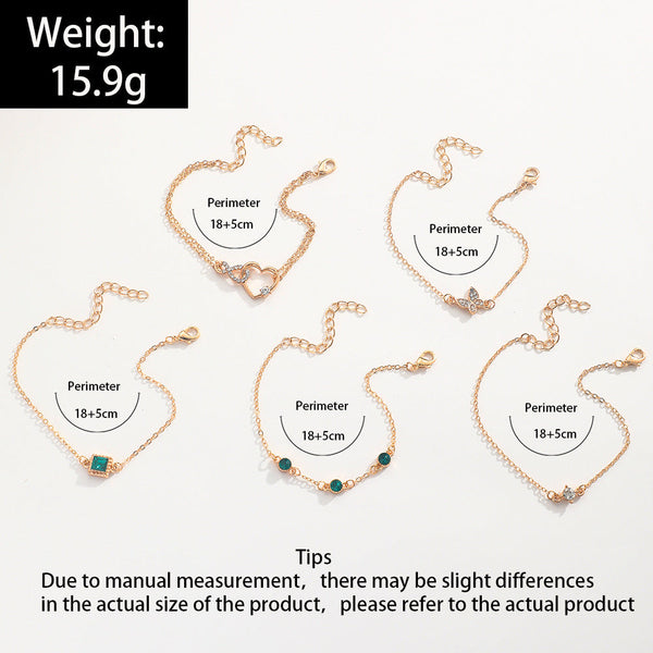 Veile Studios Bohemian 5Pc Green Crystal Jewelry Set For Women Heart Wedding Engagement Fashion Bracelets