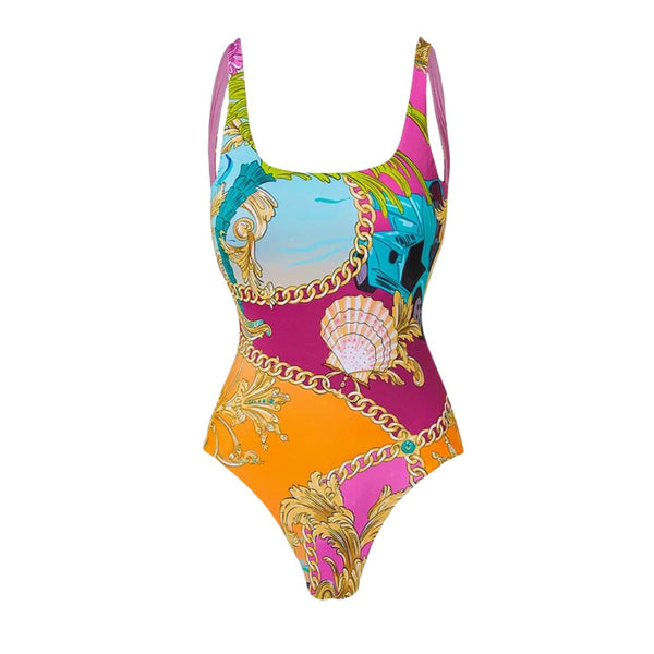 Cartoon Print Contrasting One Piece Swimsuit Set For Women Swimwear