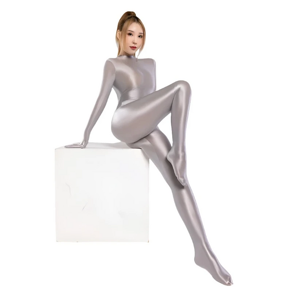 Shiny Glossy Satin  Women's Long Sleeve Finger Gloves Zipper Back Full Length One Piece Bodysuit Silky Tights Zentai Catsuit Gloves & Mittens
