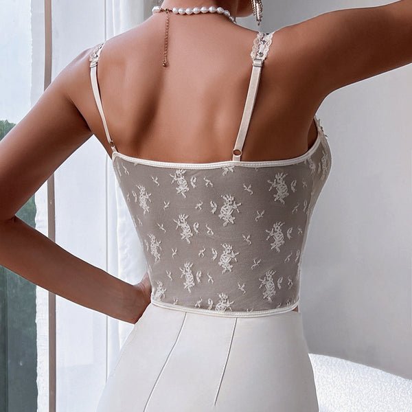 Strapless Lace Splicing Sheer Crop Top Women Crop Tees