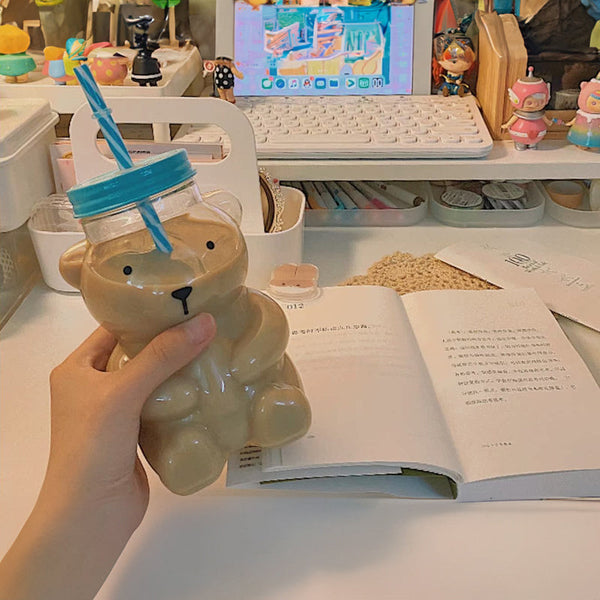 Bear Shaped Glass Cup With Straw Cute Cartoon Creative Tumbler For Coffee Juice Tea Novelty New Year Decorative Mug Cups Mugs & Glasses