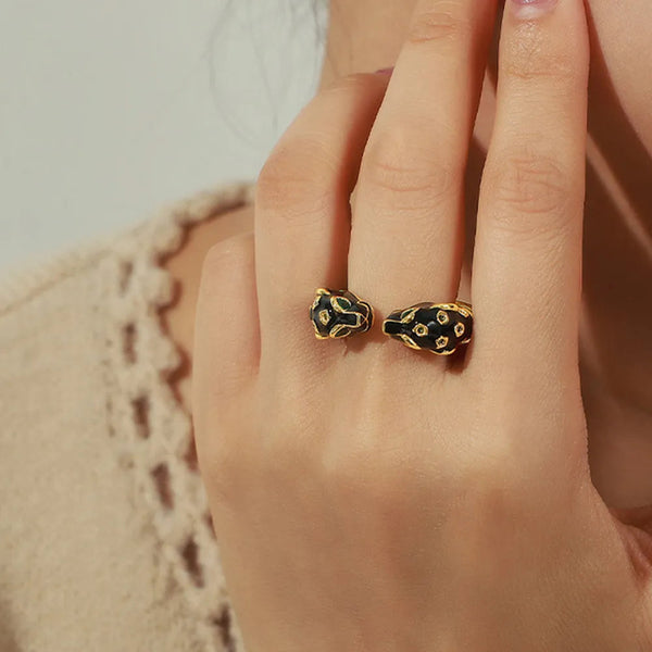 Black Panther Diamond Set Enamel Glazed Open Ring Fashionable And Niche Design Jewelry For Women Rings