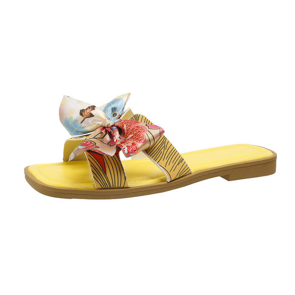 Ribbon Bow Sandals Square Toe Low Heel Casual Beach Shoes For Women Flats