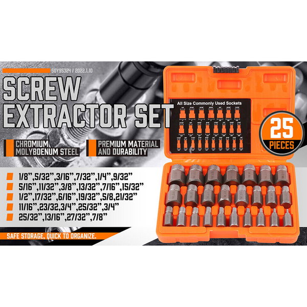 25Pc Screw Extractor Set Multi-Spline Easy Out Broken Bolt Remover Tool Hex Head
