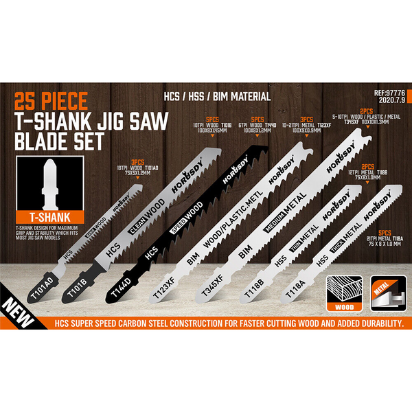 Horusdy 25Pc T Shank Jig Saw Blades Set For Wood Plastic Metal Sheet Cutting Bim Hcs Other Saw Blades