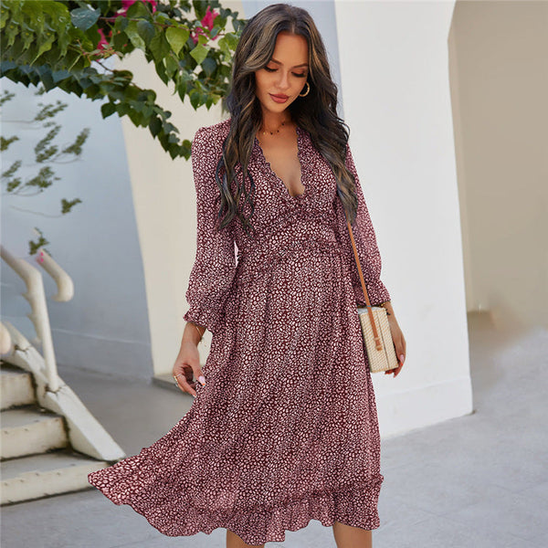 Boho All Over Print Frill Trim Women's Summer Long Sleeve V Neck Dress Dresses