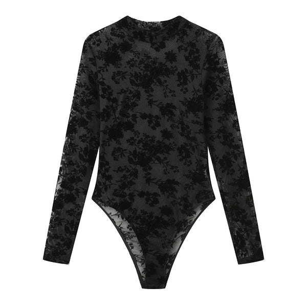 Lace Mesh Flocking Printed Sheer  Slim Fit Elegant Long Sleeve Jumpsuit Jumpsuits Rompers & Playsuits