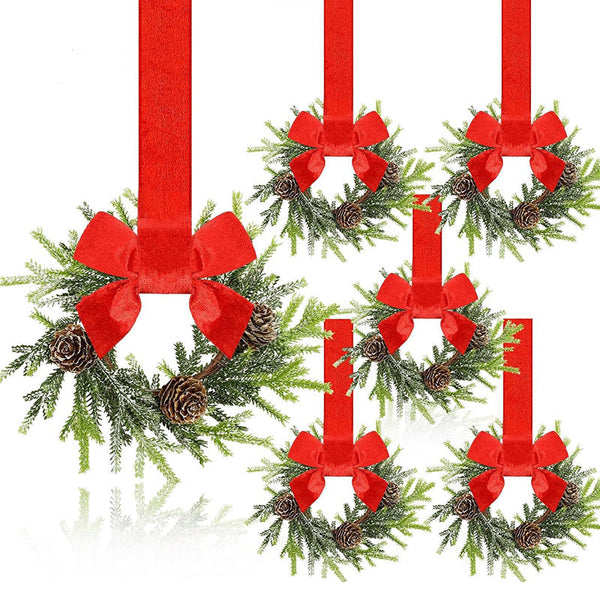 Farmhouse Mini Christmas Cabinet Wreaths Set Of 6 With Ribbon Tie Ons Seasonal Decorations