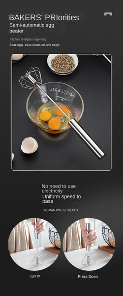 Stainless Steel Egg Beater Semi Automatic Hand Press Rotary Household Kitchen Manual Other Kitchen Gadgets