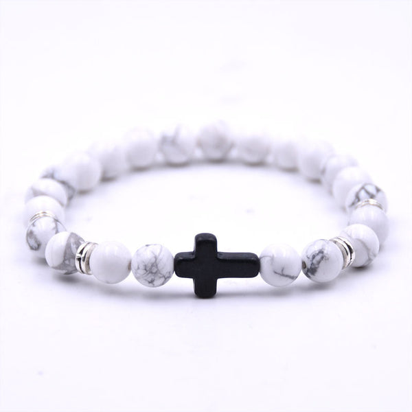 Veile Studios Natural Stone Black Cross Elastic Wire Bracelet For Fashion Jewellery And Accessories Bracelets