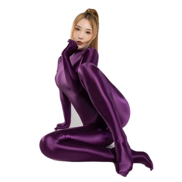 Shiny Glossy Satin  Women's Long Sleeve Finger Gloves Zipper Back Full Length One Piece Bodysuit Silky Tights Zentai Catsuit Gloves & Mittens