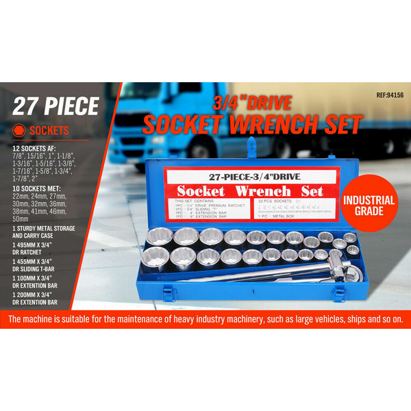 Horusdy 27Pc Heavy Duty Socket Wrench Set 3/4" Drive Metric & Imperial Extension Case Socket Wrenches