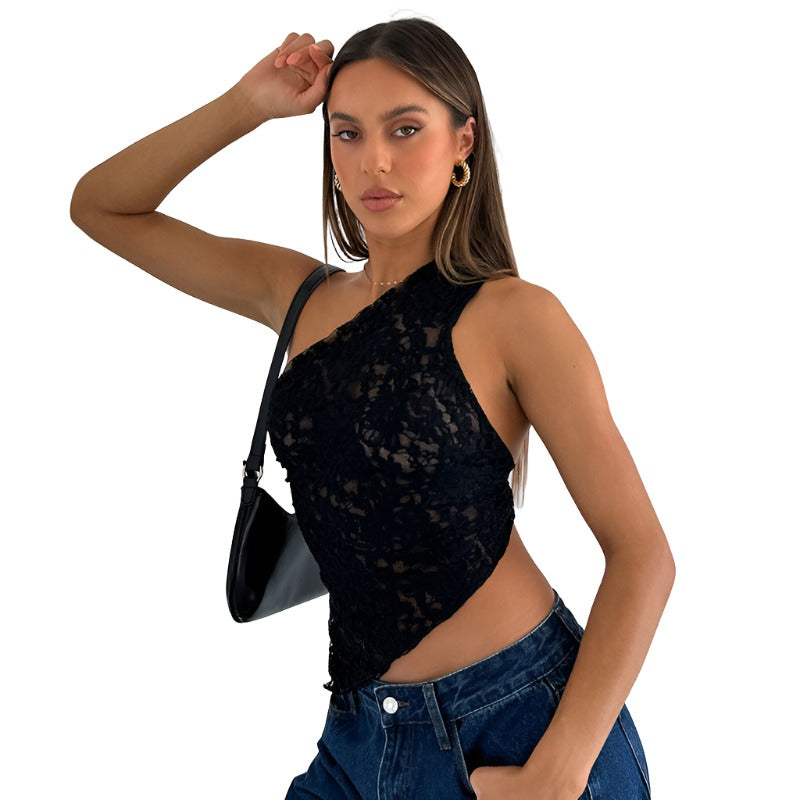 Tops Ins Lace Backless Top Summer Solid Colour Waistless Asymmetrical Neck Vest Women Clothing