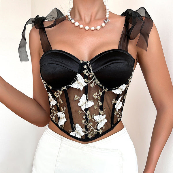 Cross Border Butterfly Embroidery Fitted Lace Up Spicy Girl  Crop Top Women Crop Tees