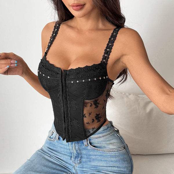 Strapless Lace Splicing Sheer Crop Top Women Crop Tees