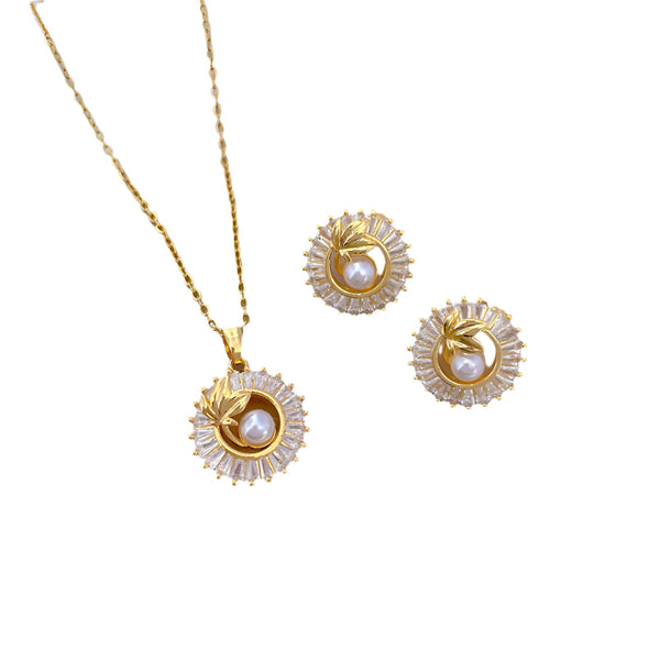 Veile Studios Fashion Jewelry Square Full Diamond Personalized Round Ring Leaves Necklace Earrings Suite Necklaces & Pendants