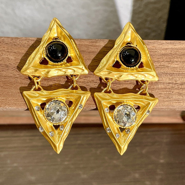 Veile Studios Middle Aged Crystal Hollow Diamond Triangle Embossed Geometric Design Earrings