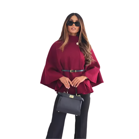 Stand Collar Batwing Sleeves Cloak Top With Belt Woolen Sweater Outwear For Women Tops