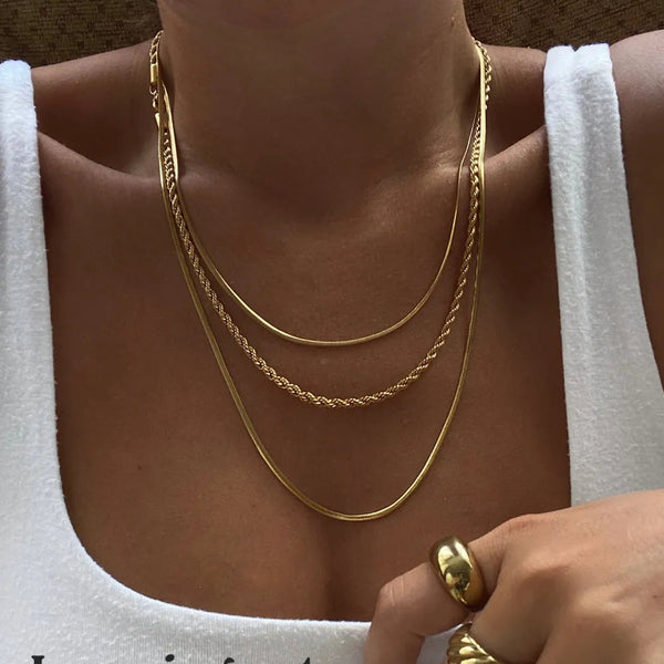 18K Gold Plated Titanium Steel Three Layered Necklace Necklaces & Pendants
