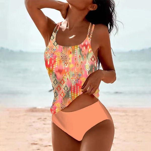 Digital Printed Shoulder Strap Tankini High Waist Triangle Pants Split Swimsuit For Women Swimwear
