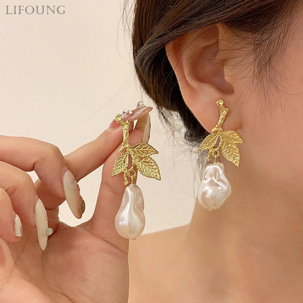 Veile Studios S925 Silver Needle French Metal Leaf Pearl For Women Earrings