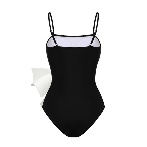 One Piece Bow Decoration Sweet Girl Black And White Contrasting Swimsuit Female Swimwear