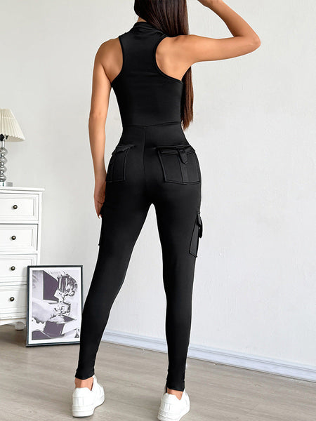 Fitted Zipper High Waist Pocket Sports Jumpsuit For Women Jumpsuits Rompers & Playsuits