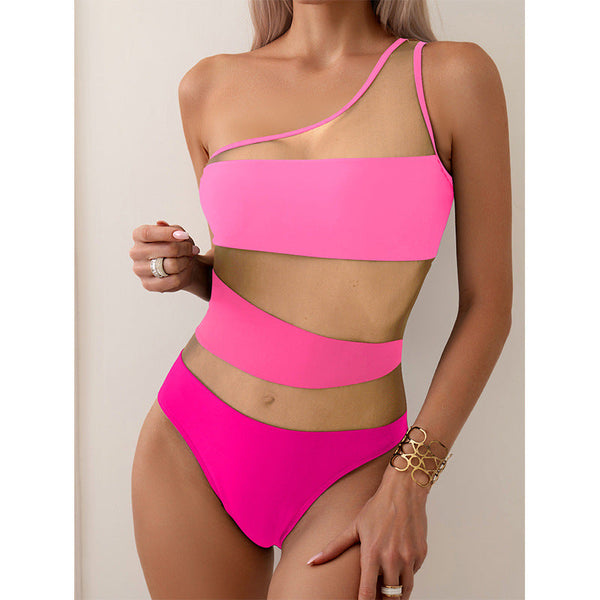 Women One Piece Mesh Patchwork Jumpsuit  Single Shoulder Jumpsuits Rompers & Playsuits