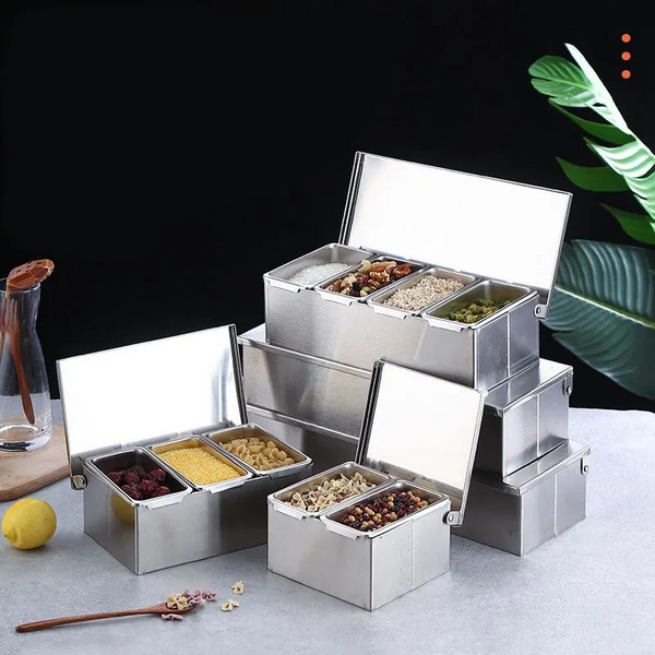 Stainless Steel 3/4/5 Section Ingredients Box Salt Sugar Cheese Sauce Seasoning Pizza Making Tool Snack Storage Spice Jars & Racks