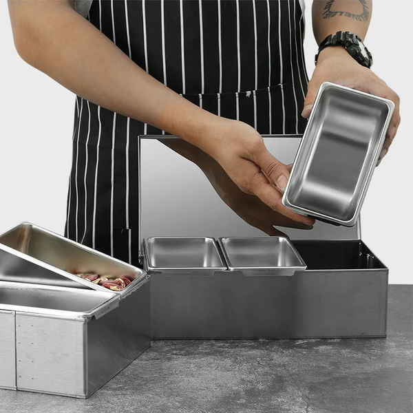 Stainless Steel 3/4/5 Section Ingredients Box Salt Sugar Cheese Sauce Seasoning Pizza Making Tool Snack Storage Spice Jars & Racks
