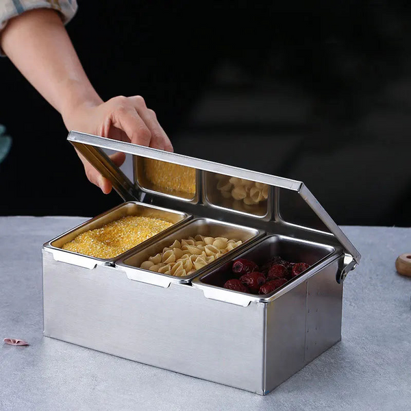 Stainless Steel 3/4/5 Section Ingredients Box Salt Sugar Cheese Sauce Seasoning Pizza Making Tool Snack Storage Spice Jars & Racks