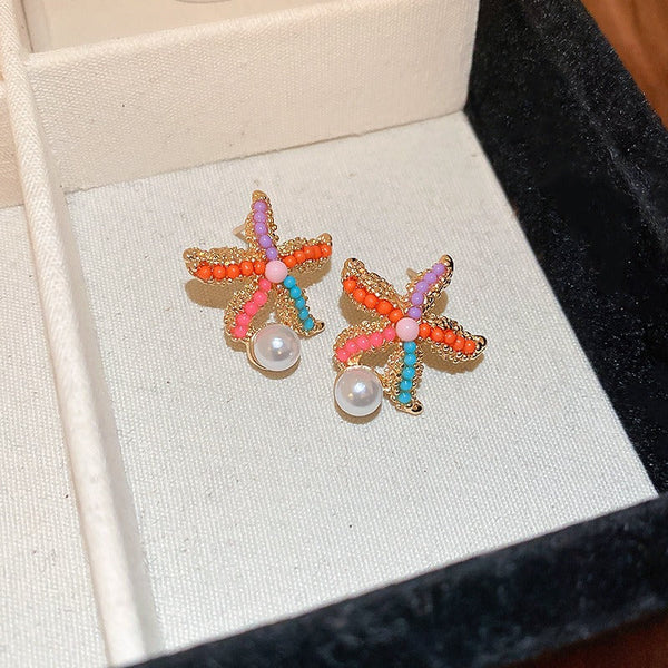 Veile Studios Cute Colourful Starfish Pearl Simple For Casual And Formal Use Earrings